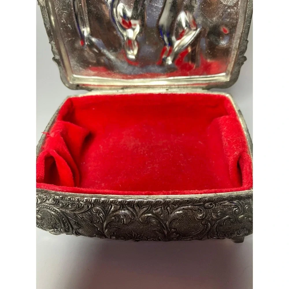 Vintage Japan Ornate Silver Tone Jewelry Trinket Box Victorian Courting Velvet